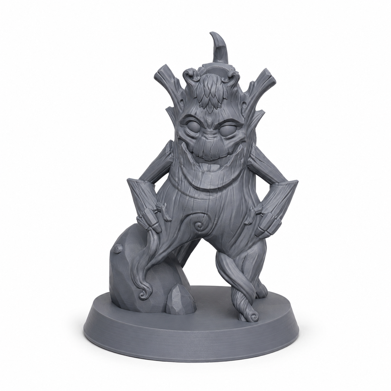 3D-printet Ung treånd III med barkkropp, rotbein og levende skogspreg i grå PLA til D&D og tabletop-rollespill.