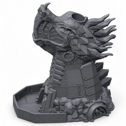 3D-printet Urverksbeist terningtårn med mekanisk monsterhode, metallplater, nagler og oppsamlingsbrett i grå PLA til D&D og tabletop-rollespill.