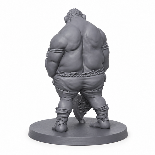 3D-printet Vandrerkjempe med tungt våpen og massiv kropp i grå PLA til D&D og tabletop-rollespill.