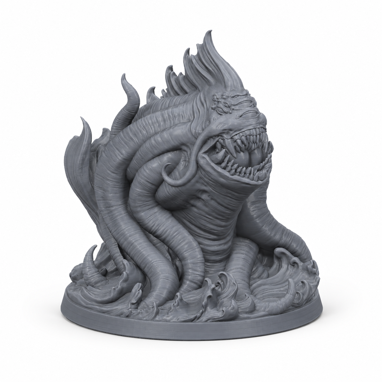 3D-printet Vastalor – Primal Aboleth med tentakler, piggete rygg og eldritch sjømonster-preg i grå PLA til D&D og tabletop-rollespill.