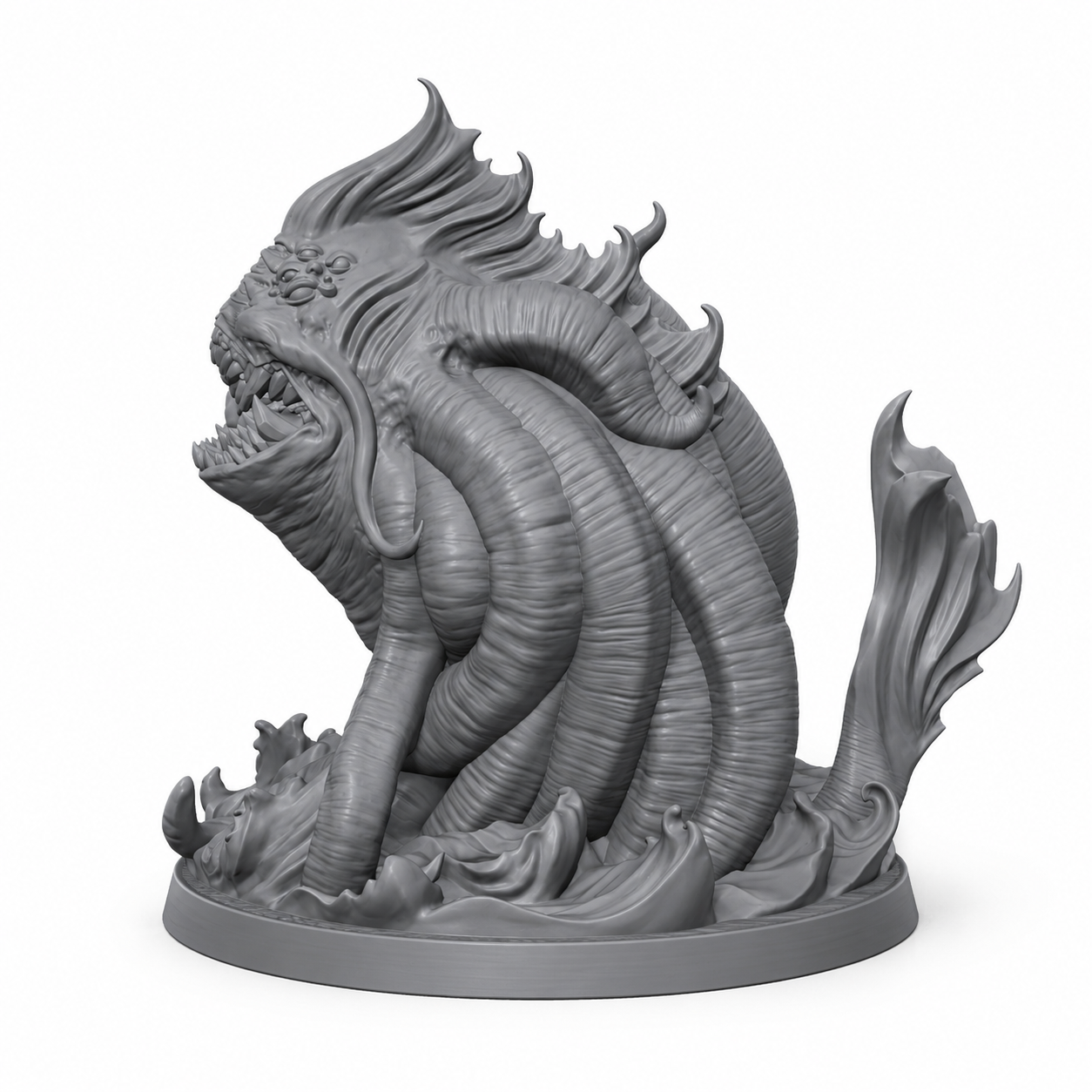 3D-printet Vastalor – Primal Aboleth med tentakler, piggete rygg og eldritch sjømonster-preg i grå PLA til D&D og tabletop-rollespill.