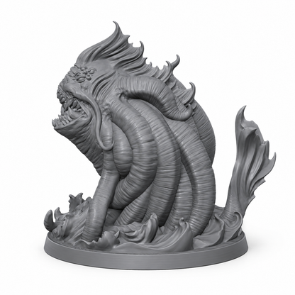 3D-printet Vastalor – Primal Aboleth med tentakler, piggete rygg og eldritch sjømonster-preg i grå PLA til D&D og tabletop-rollespill.