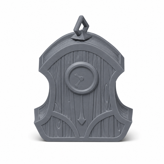 3D-printet veggklokke i grå PLA til D&D, fantasy-terreng og tabletop-rollespill.