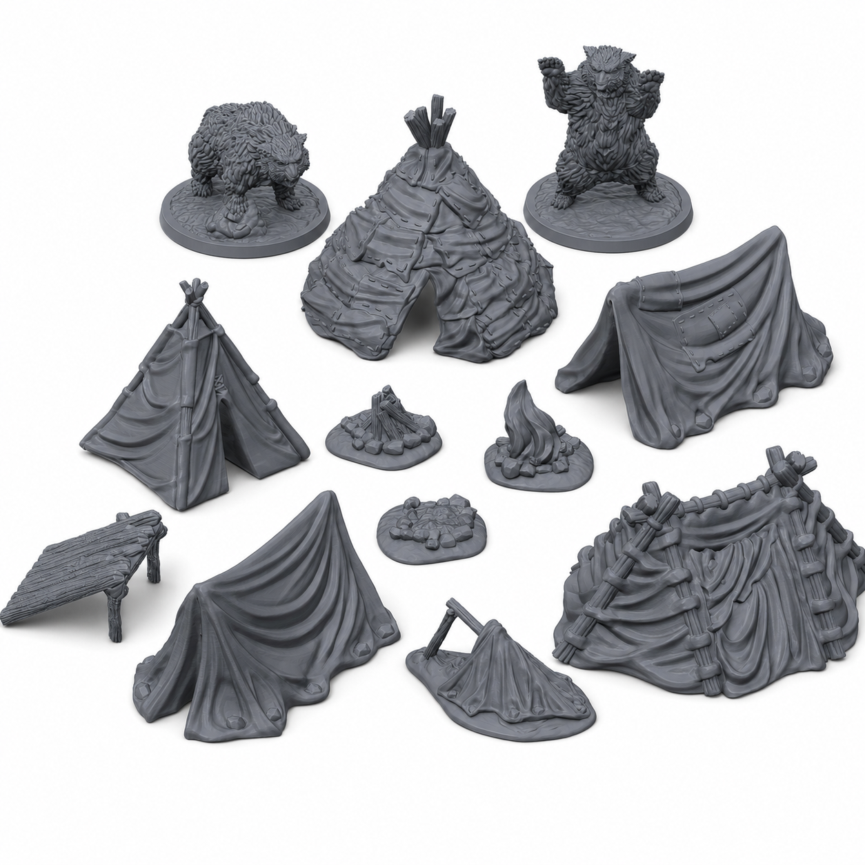 3D-printet villmarksleir med telt, bålplasser, gapahuk og to Owlbears i grå PLA til D&D og tabletop-rollespill.
