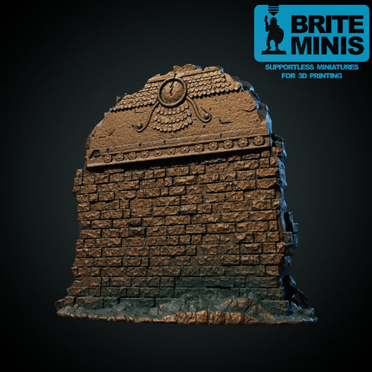 Vegg med zoroastrisk symbol, 3D-printet D&D-terreng i grå PLA, umalt