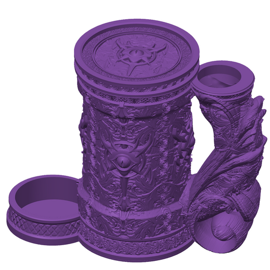 3D-printet lilla Warlock eventyrkrus med okkult design, øyesymbol, skrulokk og integrert dice tower til D&D og tabletop-rollespill.