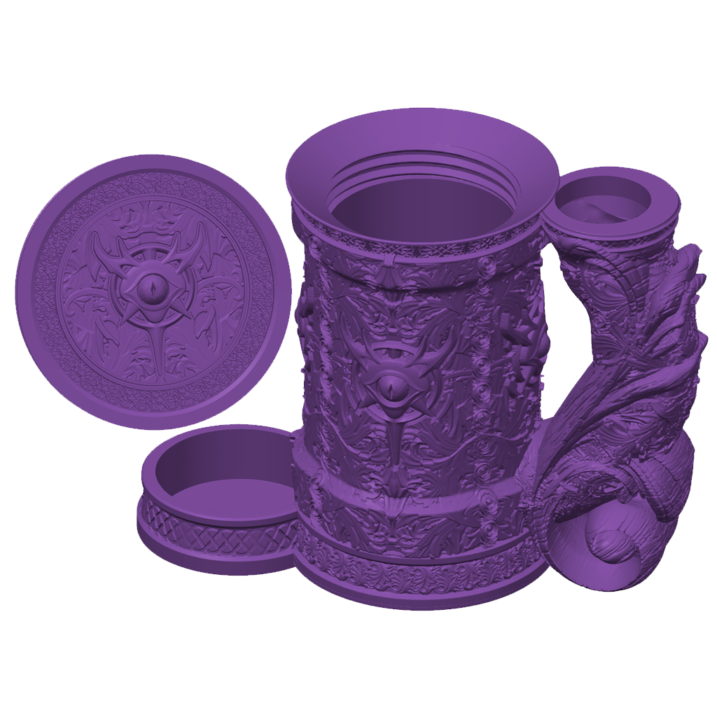 3D-printet lilla Warlock eventyrkrus med okkult design, øyesymbol, skrulokk og integrert dice tower til D&D og tabletop-rollespill.