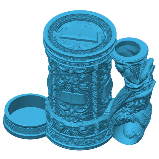 3D-printet blått Wizard eventyrkrus med bokmotiv, skrulokk og integrert dice tower til D&D og tabletop-rollespill.