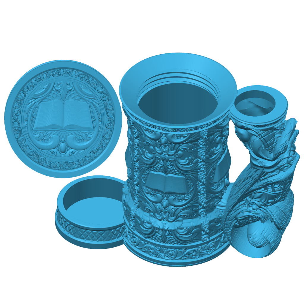 3D-printet blått Wizard eventyrkrus med bokmotiv, skrulokk og integrert dice tower til D&D og tabletop-rollespill.