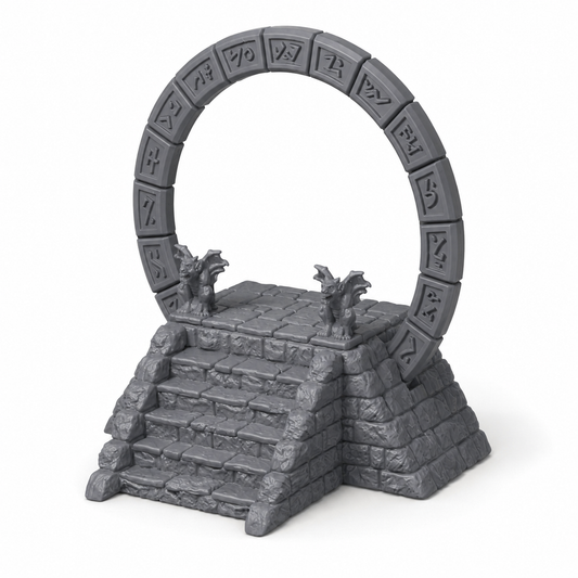 Magikerportal med fritt roterende runering og gargoyler – 3D-printet D&D-terreng.
