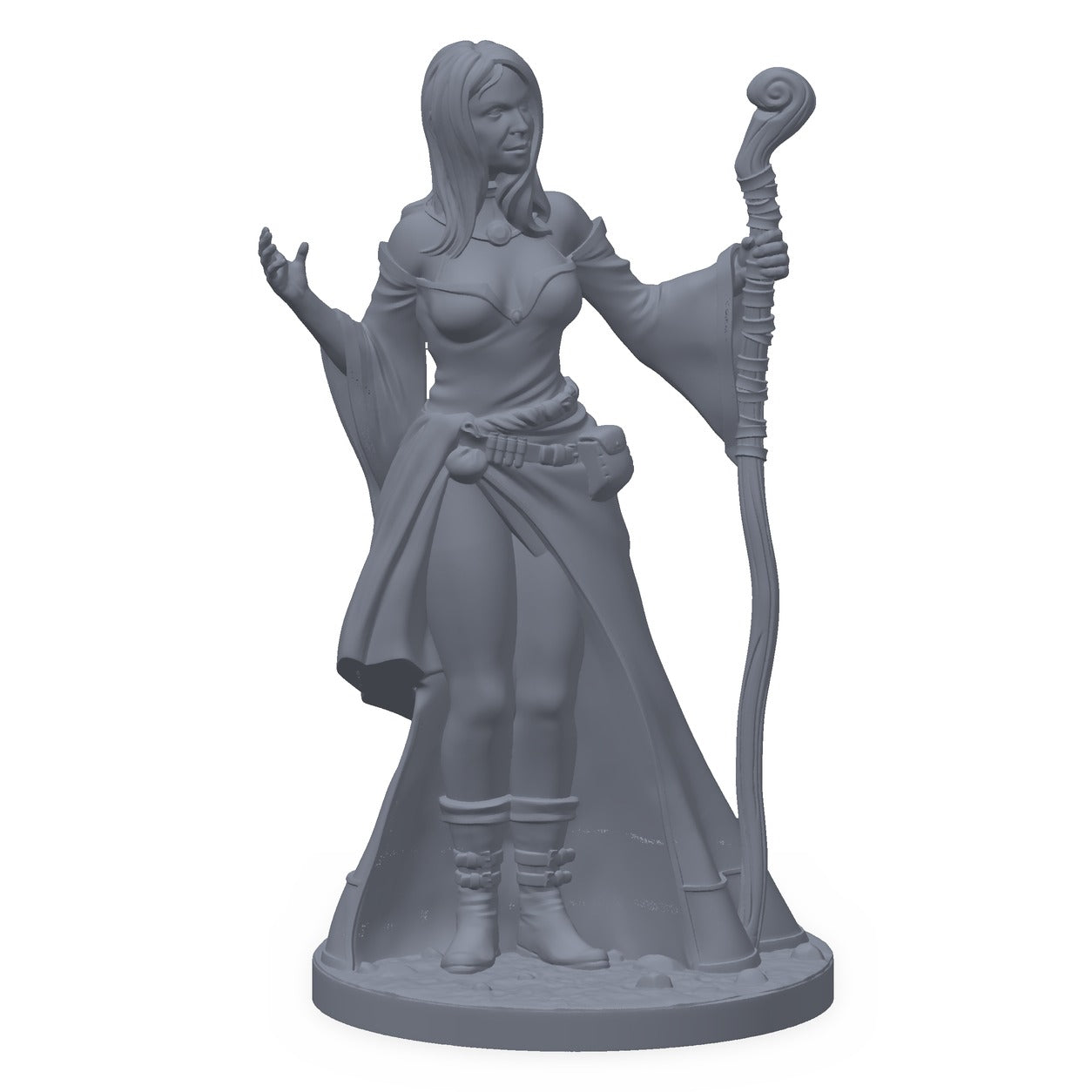 3D-printet magikerlærling-miniatyr i grå PLA – ung kvinne med stav, til D&D og Pathfinder.