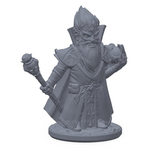 3D-printet arkanist-gnom-miniatyr i grå PLA – gnomemagiker med oppslått formelbok og gnistrende hånd, til D&D og Pathfinder.