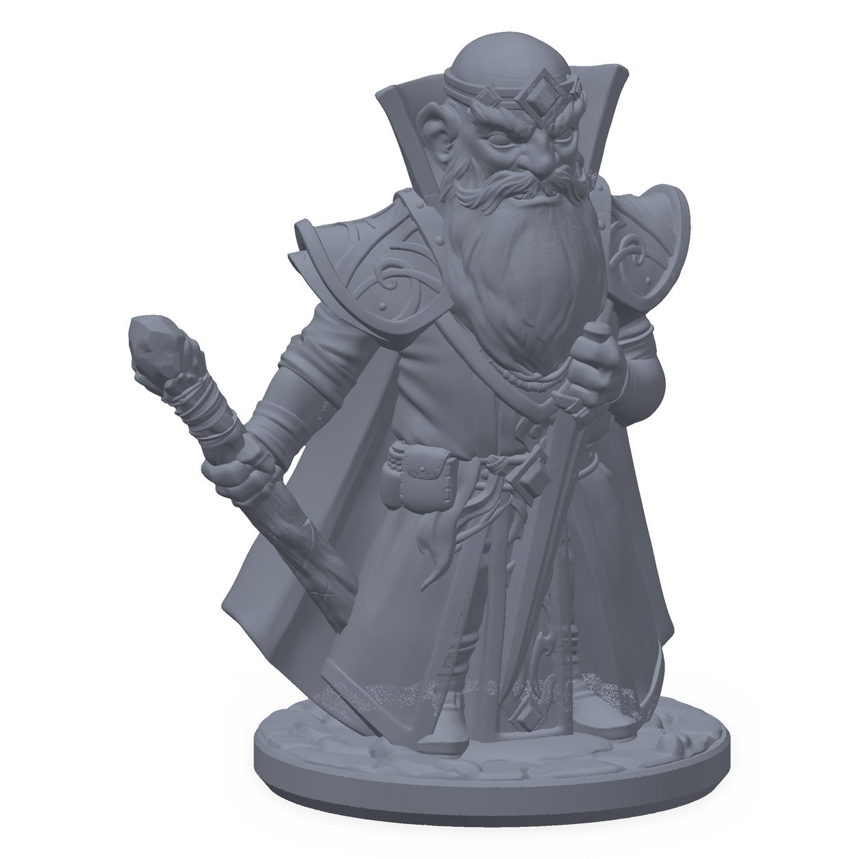 3D-printet arkanist-gnom-miniatyr i grå PLA – gnomemagiker med stav og magisk fokus-krystall, til D&D og Pathfinder.