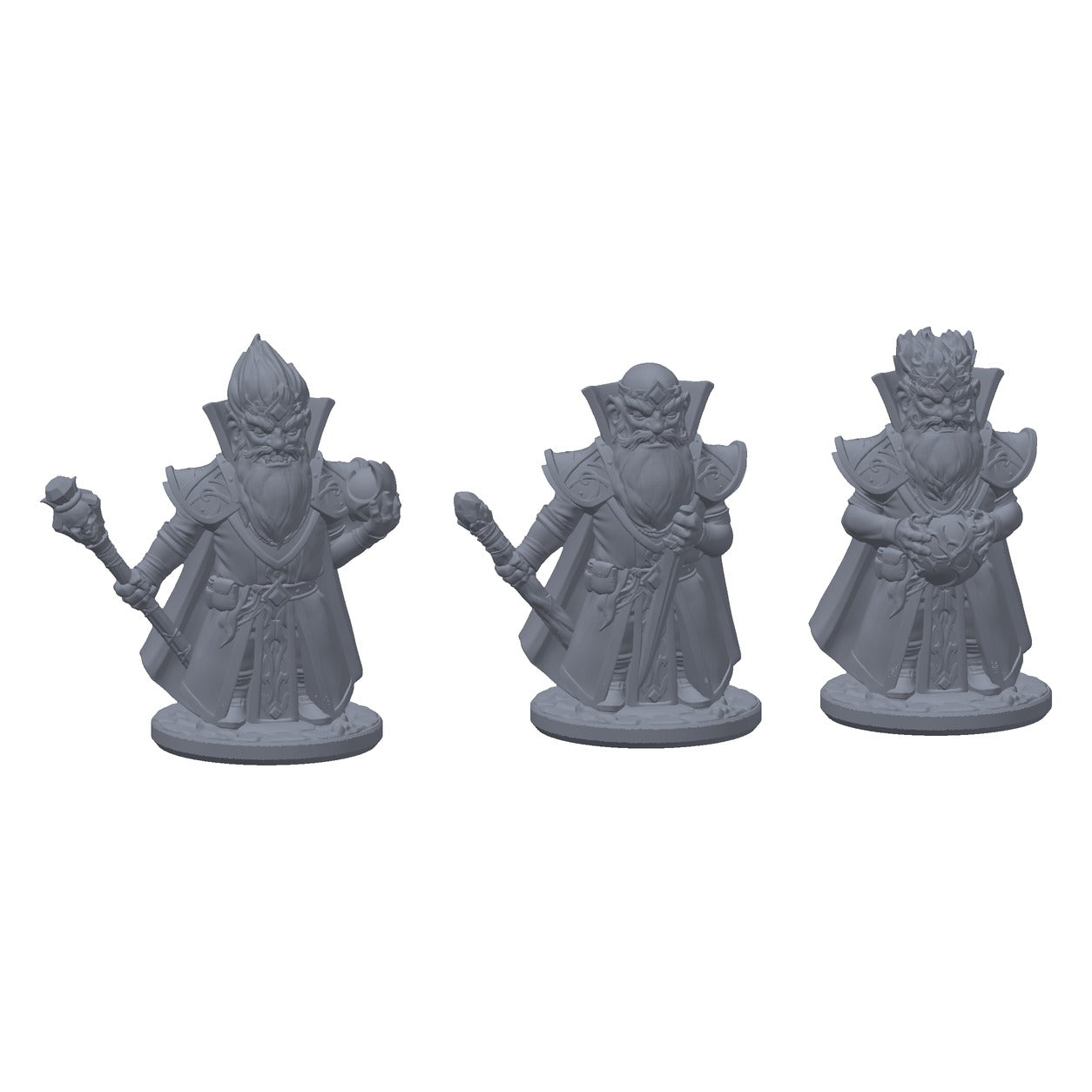 3D-printet sett med tre arkanist-gnomer i grå PLA, til D&D og Pathfinder.