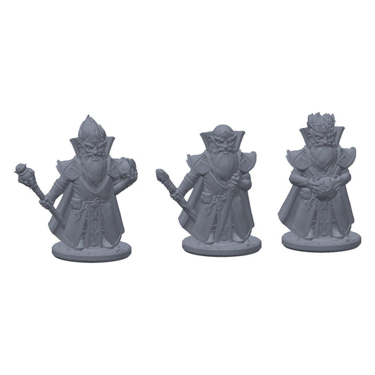 3D-printet sett med tre arkanist-gnomer i grå PLA, til D&D og Pathfinder.
