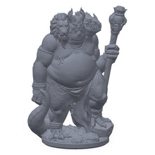 3D-printet Asmodeus-miniatyr i grå PLA – trehodet demonfyrste med hodeskallestav, boss til D&D.