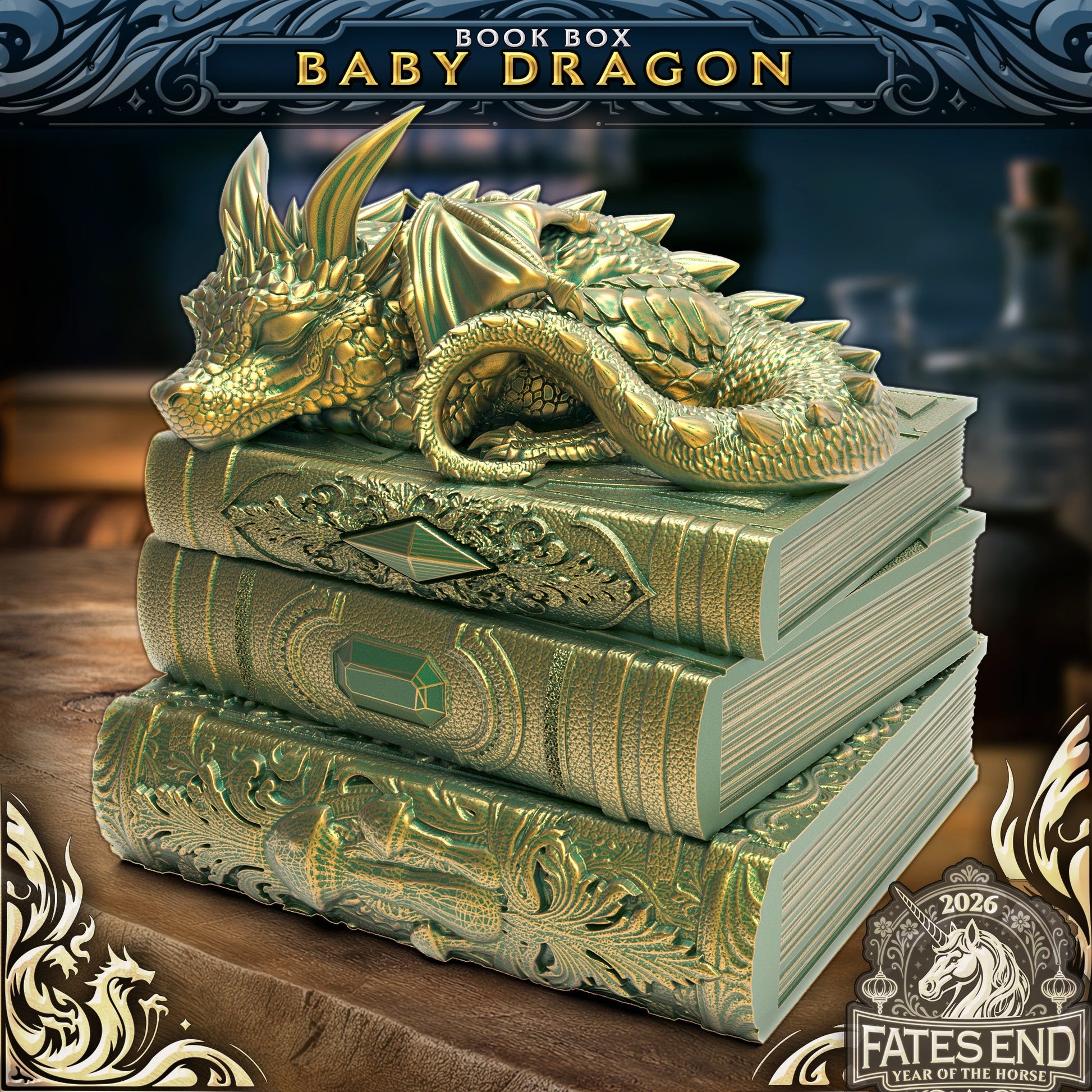 Baby Dragon - bokskrin fra FatesEnd, 3D-printet til D&D og rollespill.