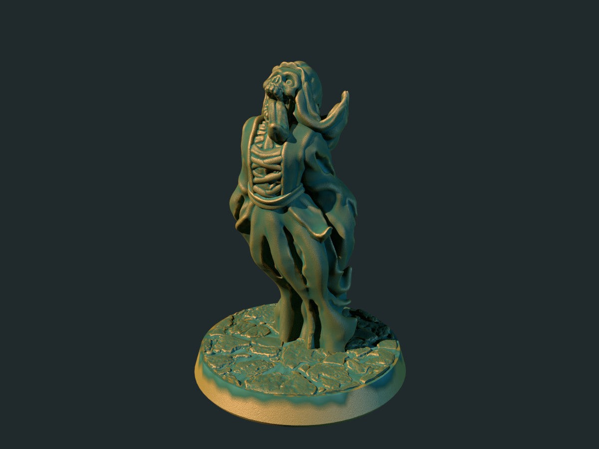 3D-printet banshee med hylende uttrykk og flagrende klær i grå PLA til D&D og Pathfinder.