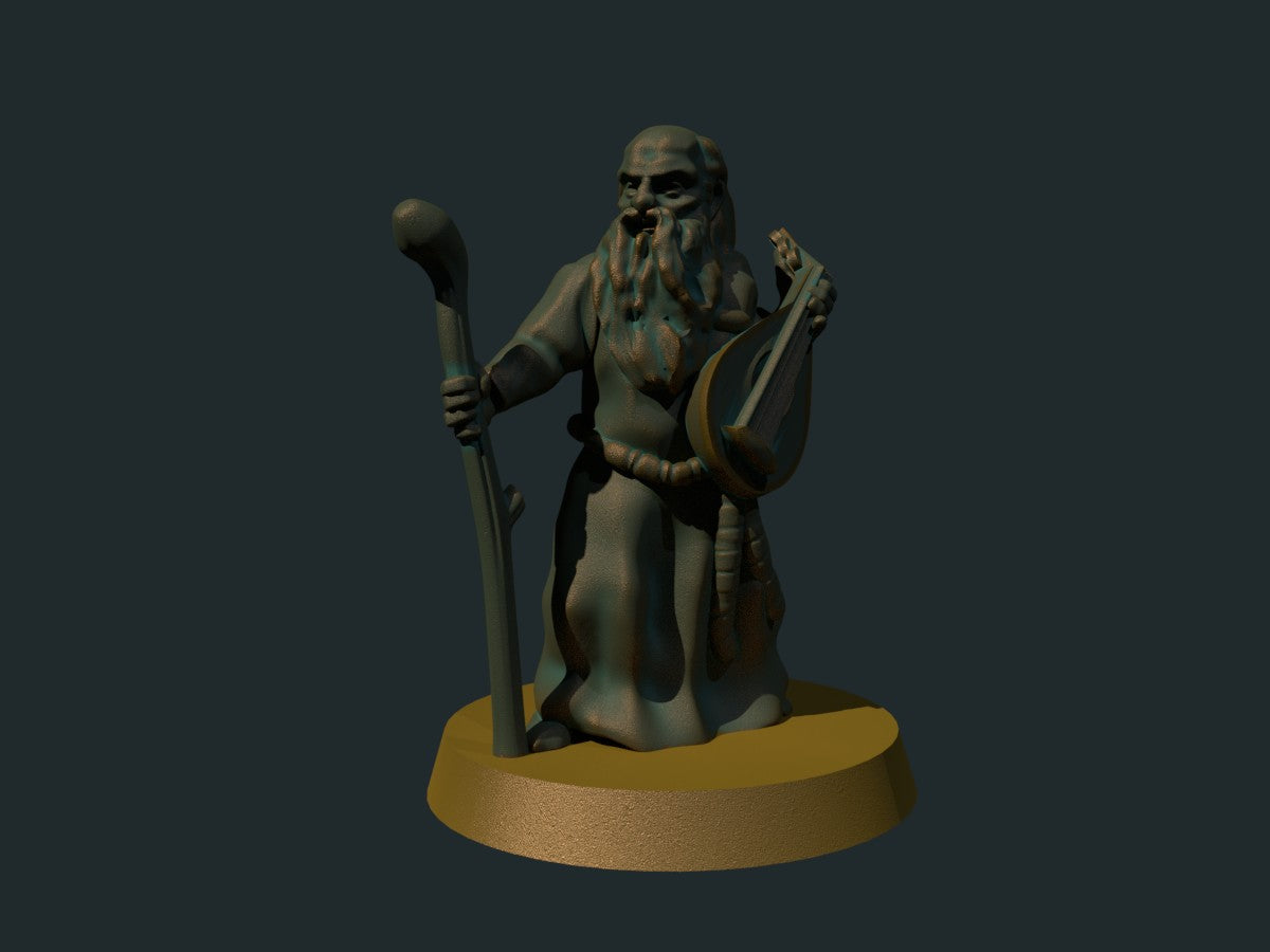 Gammel bard, 3D-printet D&D-miniatyr fra Spillsmia.