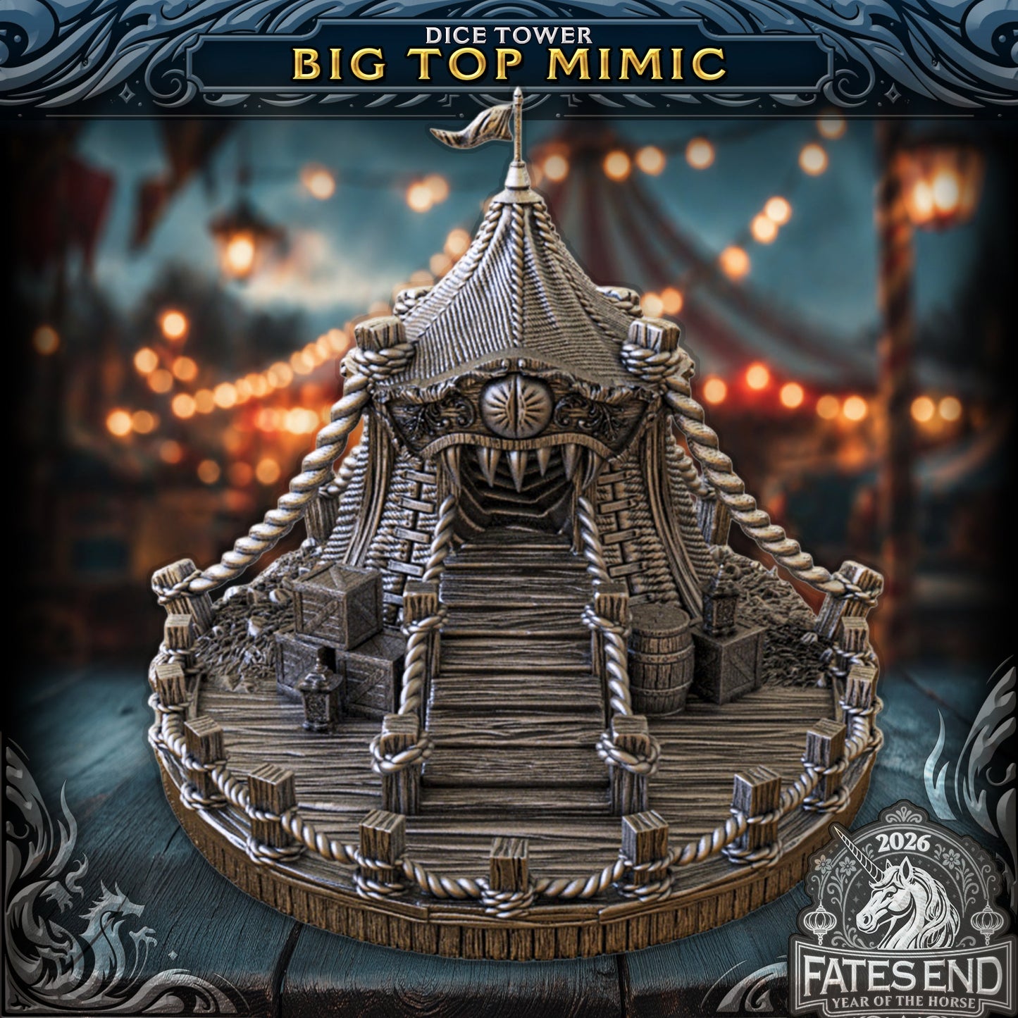 Big Top Mimic - terningtårn fra FatesEnd, 3D-printet til D&D og rollespill.