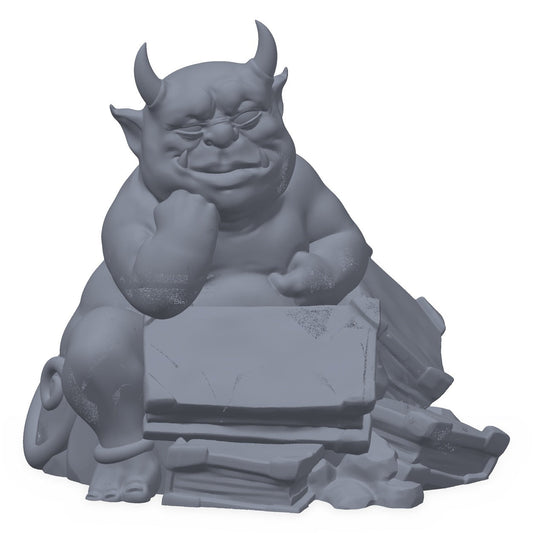 3D-printet bokorm-djevel-miniatyr i grå PLA – liten djevel med bok, til D&D og Pathfinder.