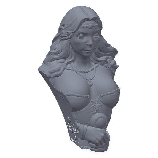 3D-printet byste i grå PLA – amazonekrigeren, maleklar for miniatyrmalere.