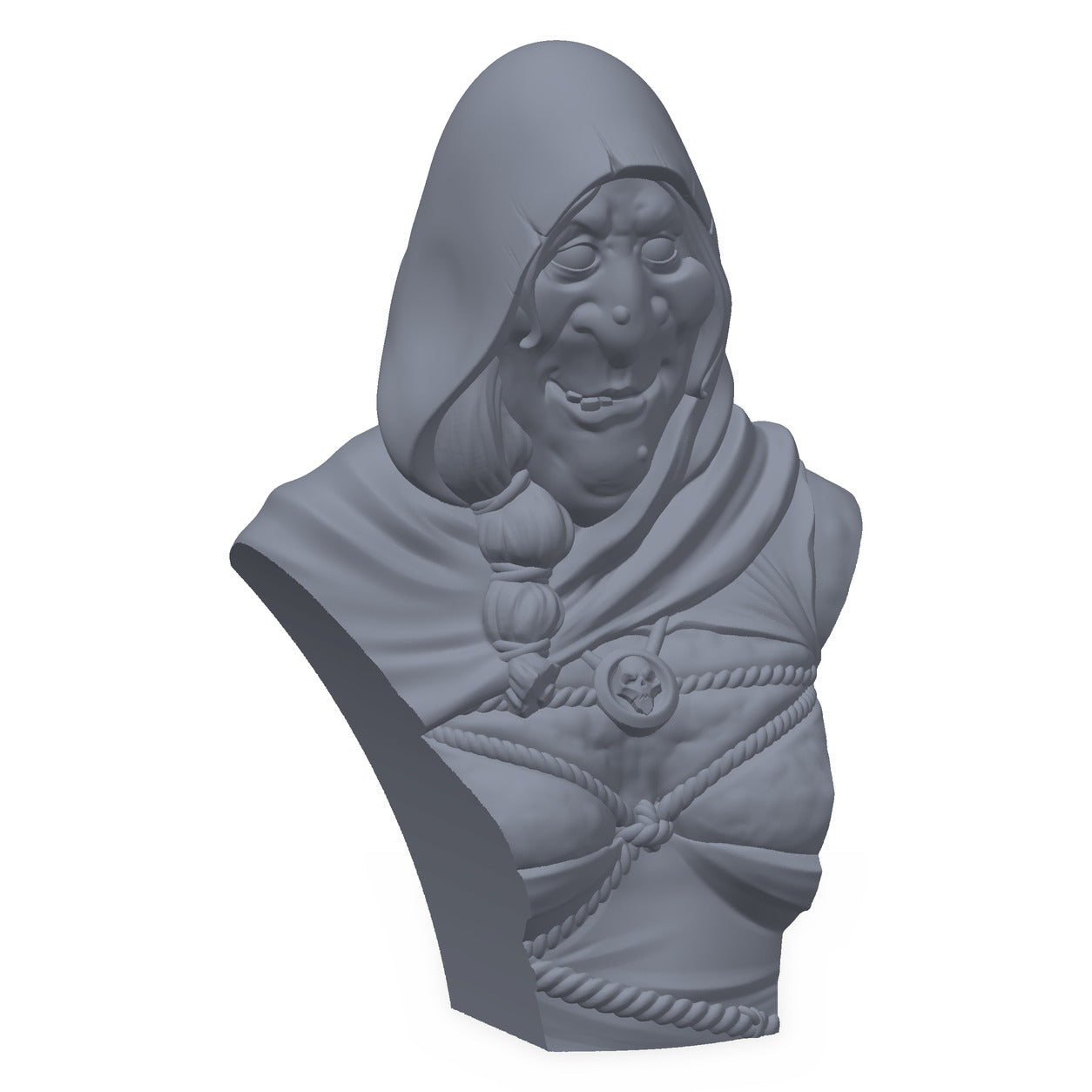Grå 3D-printet byste av en gammel kjerring med skaut, maleklar for miniatyrmalere.
