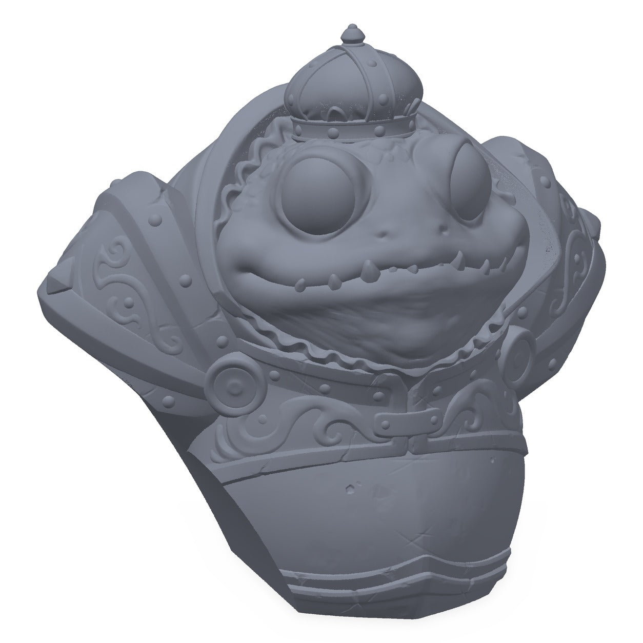 Grå 3D-printet byste av en kronet froskekonge, maleklar for miniatyrmalere.