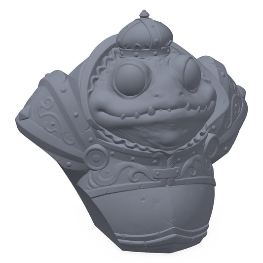 Grå 3D-printet byste av en kronet froskekonge, maleklar for miniatyrmalere.