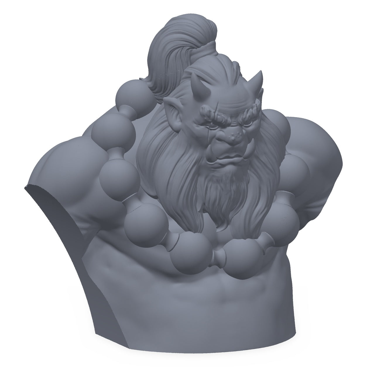 Grå 3D-printet byste av en brølende oni-demon med horn, maleklar for miniatyrmalere.