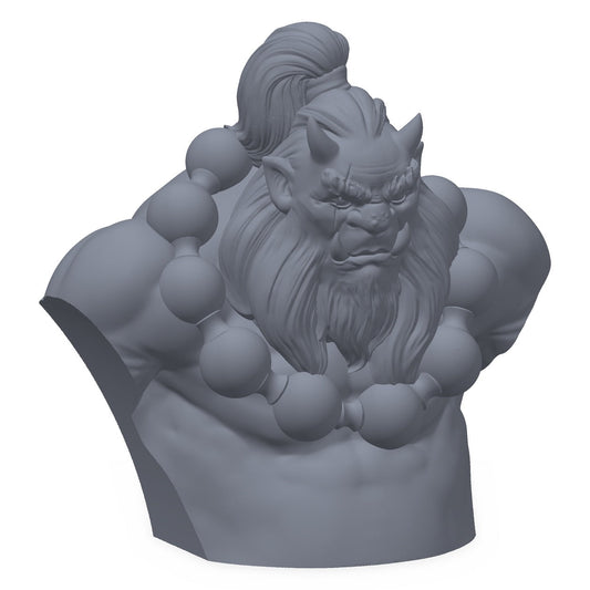 Grå 3D-printet byste av en brølende oni-demon med horn, maleklar for miniatyrmalere.