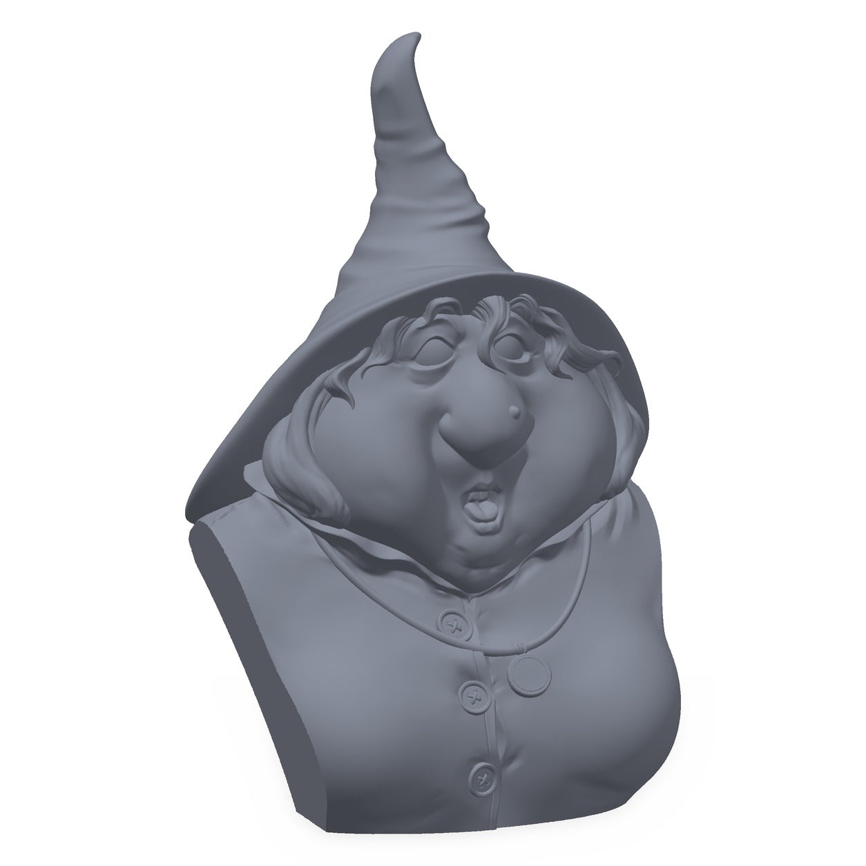 Grå 3D-printet byste av en overrasket heks med spiss hatt, maleklar for miniatyrmalere.