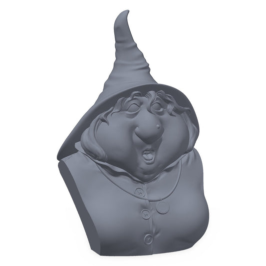 Grå 3D-printet byste av en overrasket heks med spiss hatt, maleklar for miniatyrmalere.
