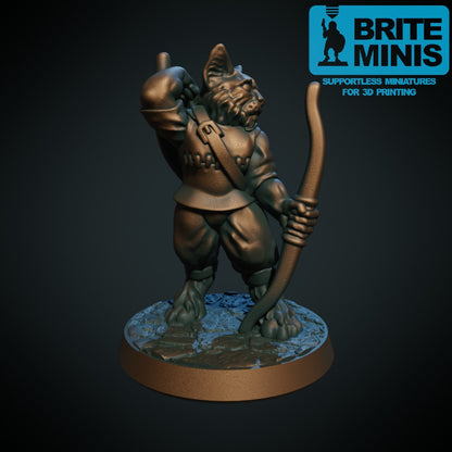 Tre katfolk: bueskytter, kappekledd magiker og sverdkjemper, 3D-printet D&D-miniatyrsett fra Spillsmia.