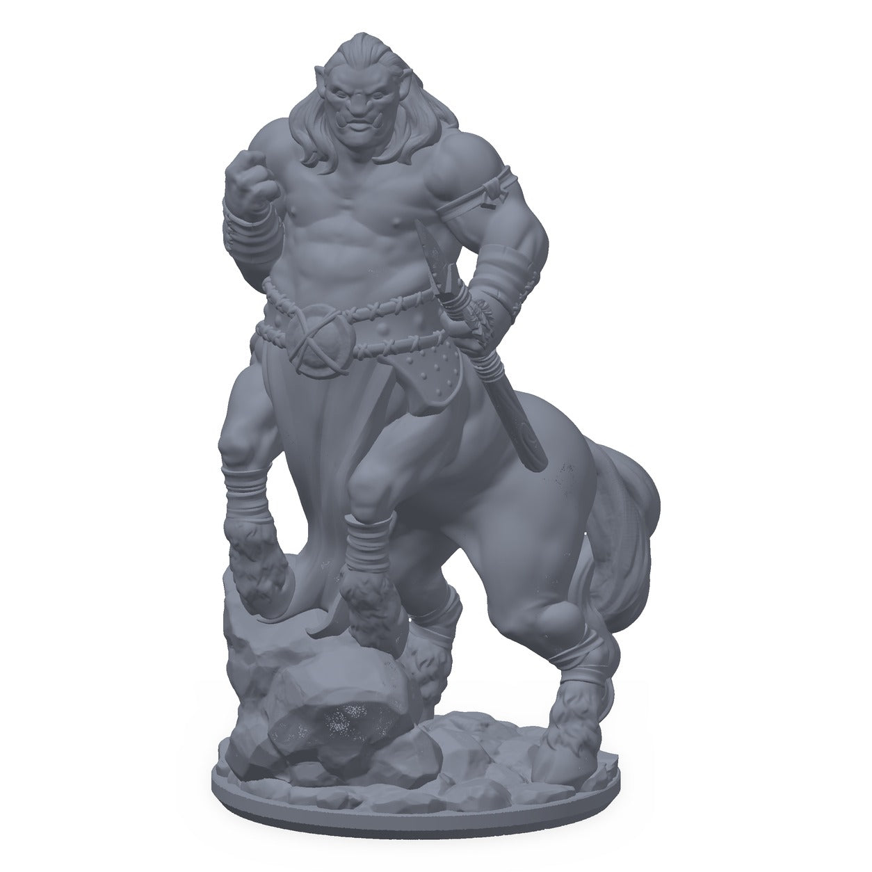 3D-printet centaurkriger-miniatyr i grå PLA – centaur med spyd, til D&D og Pathfinder.