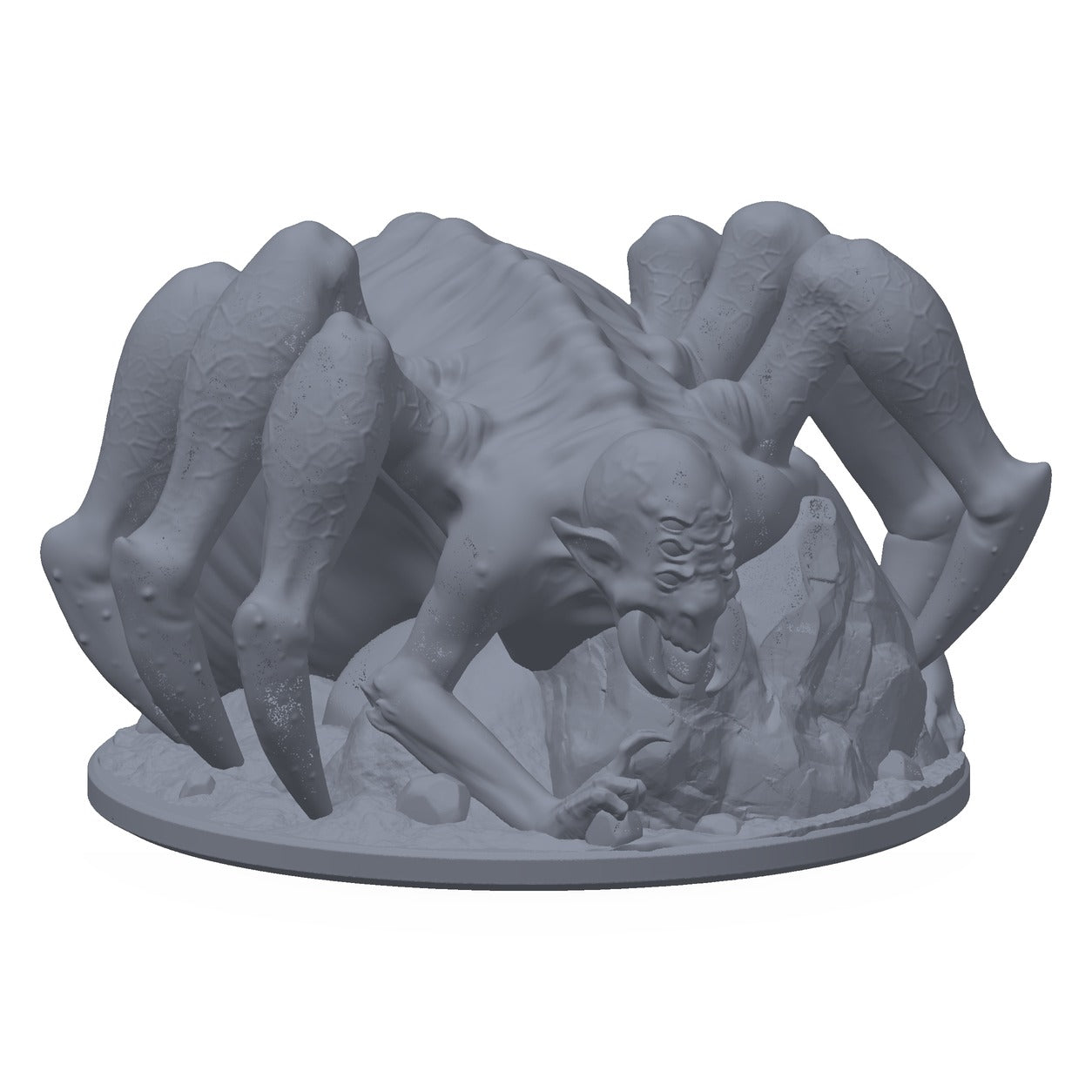 3D-printet choldrith-miniatyr i grå PLA – edderkoppvesen med blekt ansikt, til D&D og Pathfinder.