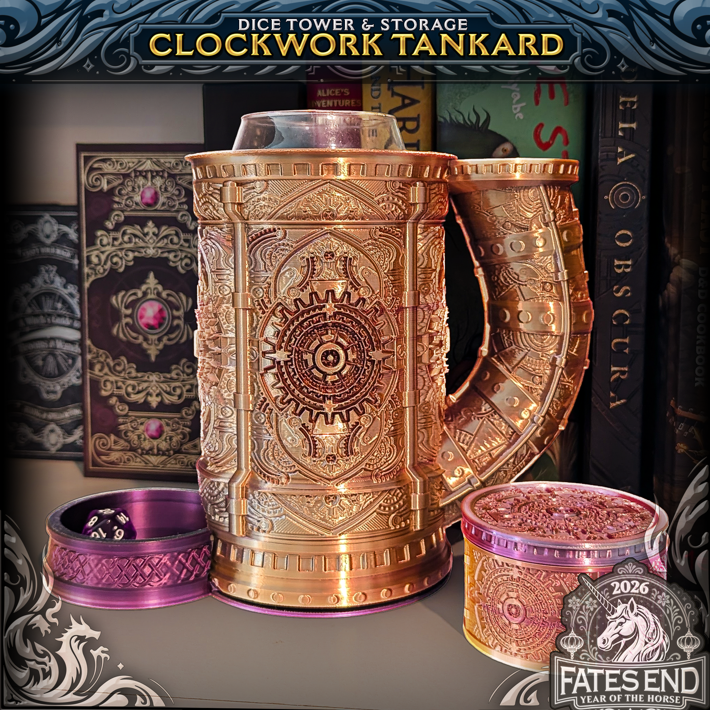 Clockwork Tankard - terningtårn og oppbevaring fra FatesEnd, 3D-printet til D&D og rollespill.