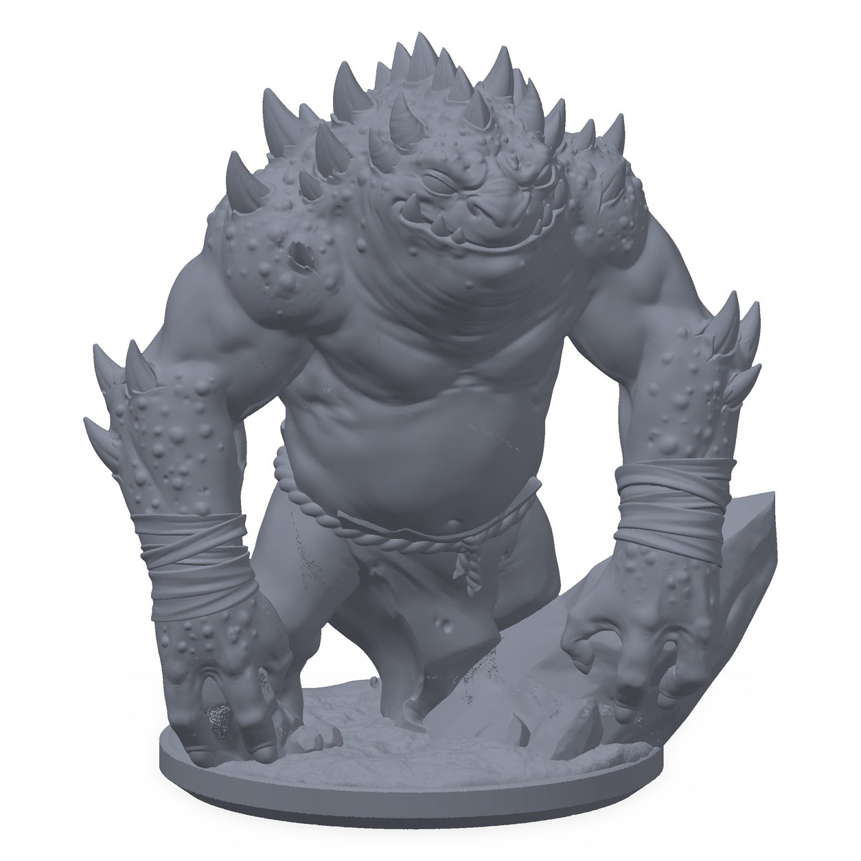 3D-printet demonisk frosk-miniatyr i grå PLA – hornet padde med hoggtenner, til D&D og Pathfinder.