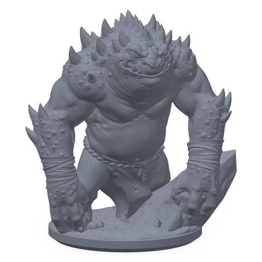 3D-printet demonisk frosk-miniatyr i grå PLA – hornet padde med hoggtenner, til D&D og Pathfinder.
