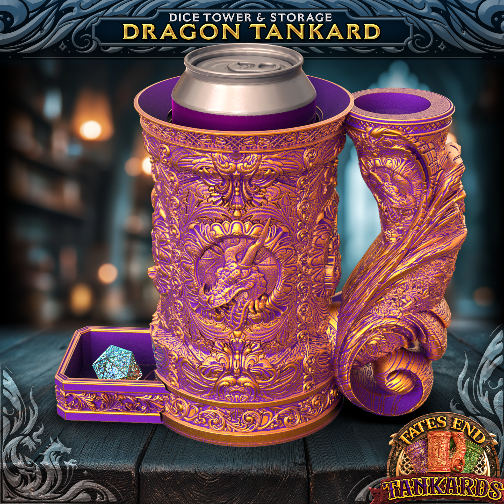 Dragon Tankard - terningtårn og oppbevaring fra FatesEnd, 3D-printet til D&D og rollespill.