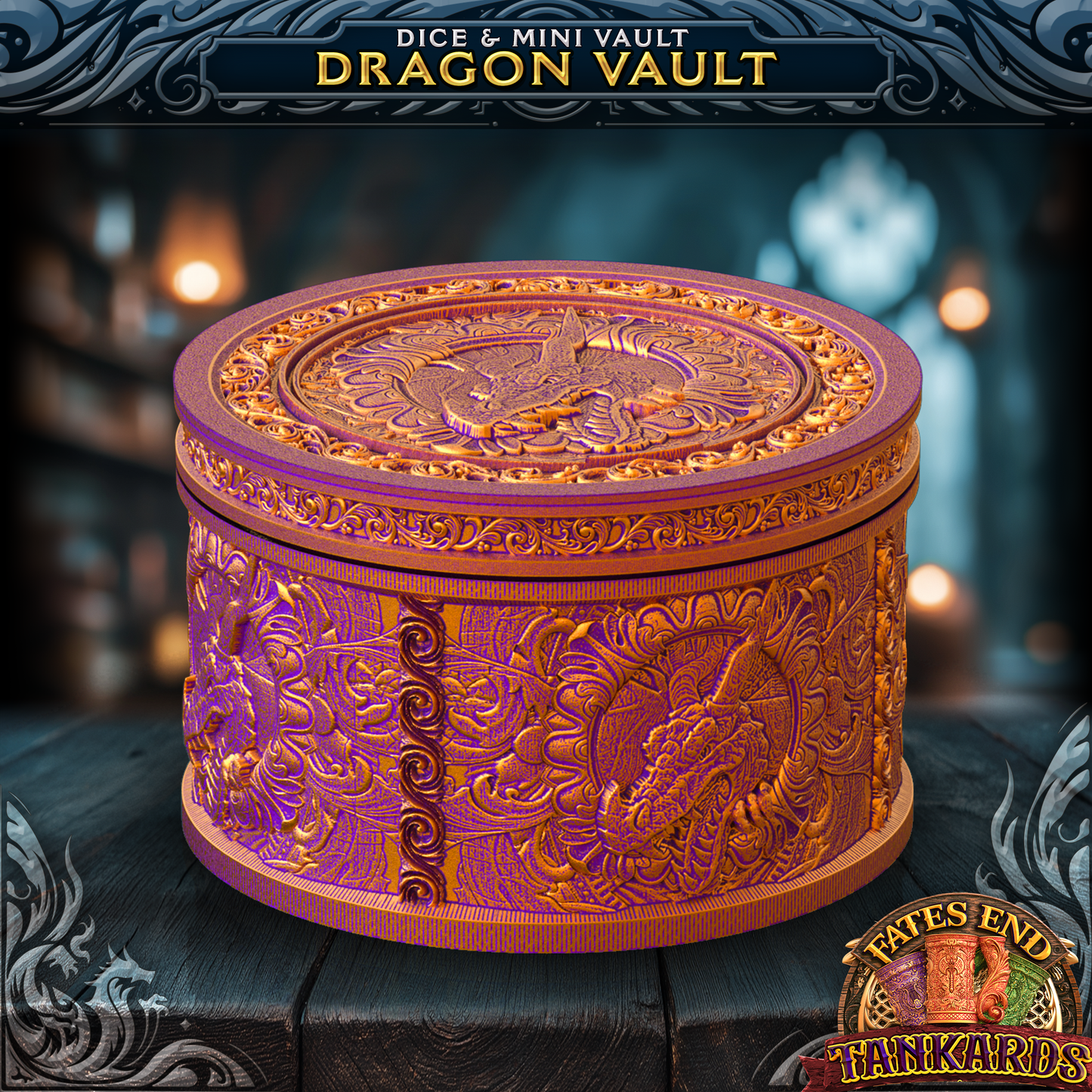 Dragon Tankard - dice- og mini-vault fra FatesEnd, 3D-printet til D&D og rollespill.