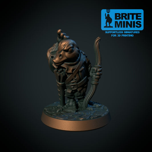 Tre andefolk-eventyrere med bue, stav og sverd, 3D-printet D&D-miniatyrsett fra Spillsmia.