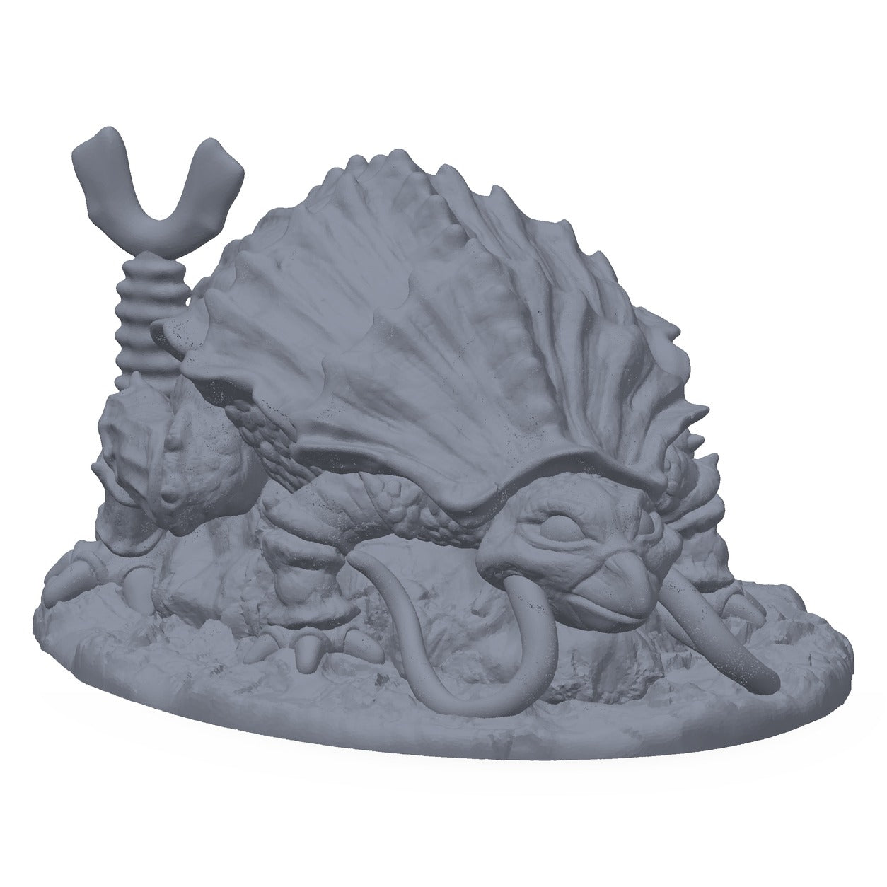 Grå 3D-printet miniatyr av et overvektig, fornøyd rustmonster, til D&D og Pathfinder.