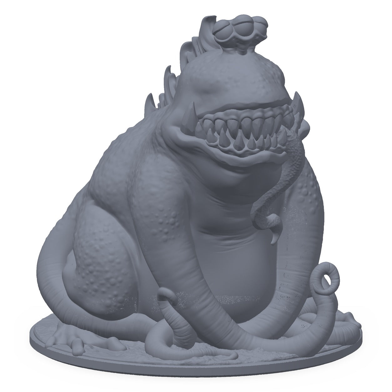 3D-printet froskebehemot-miniatyr i grå PLA – kolossal padde, til D&D og Pathfinder.