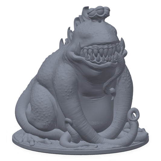 3D-printet froskebehemot-miniatyr i grå PLA – kolossal padde, til D&D og Pathfinder.
