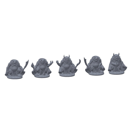 3D-printet sett med fem froskegardister i grå PLA, til D&D og Pathfinder.