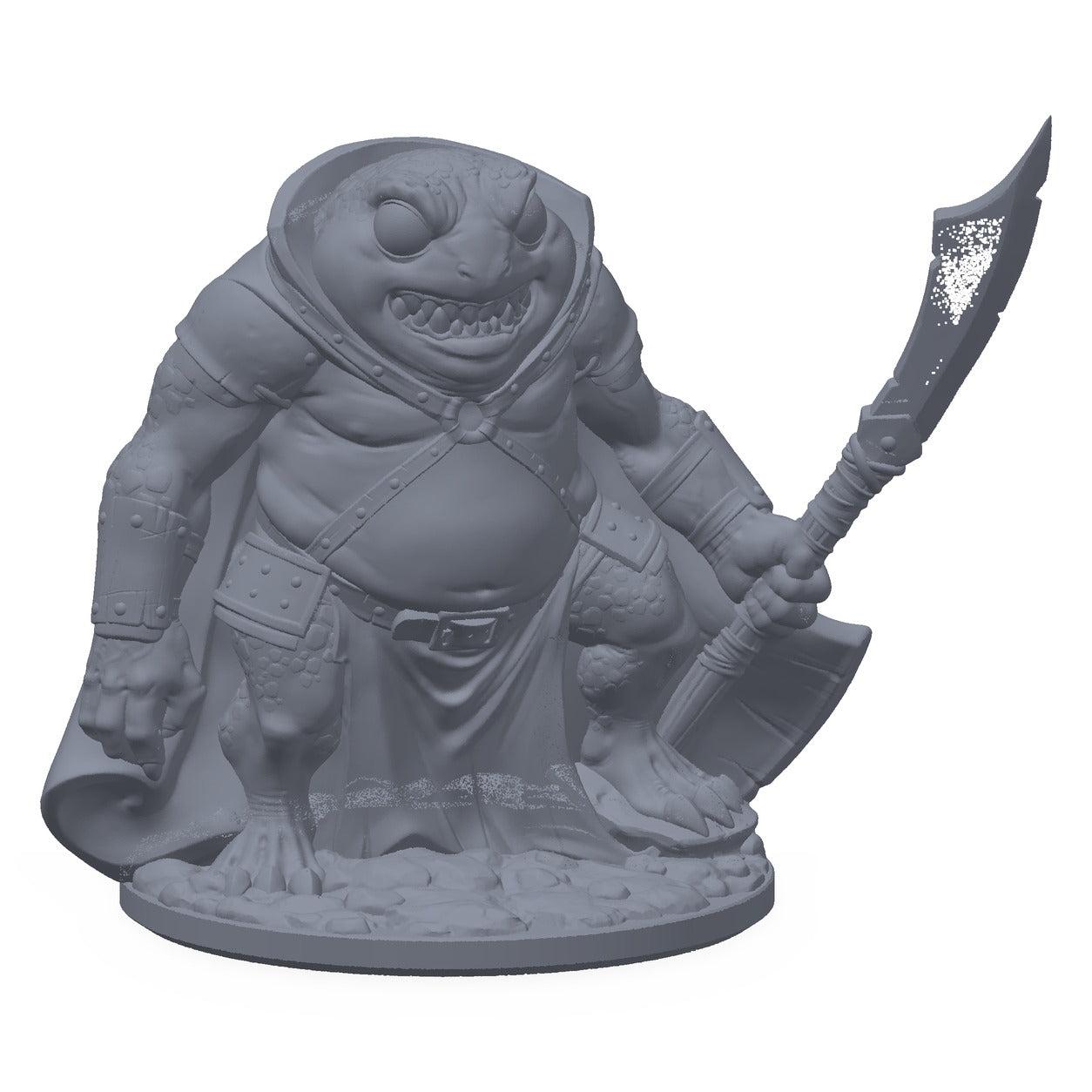 3D-printet froskegardist-miniatyr i grå PLA – froskevakt med hellebard i hvil, til D&D og Pathfinder.