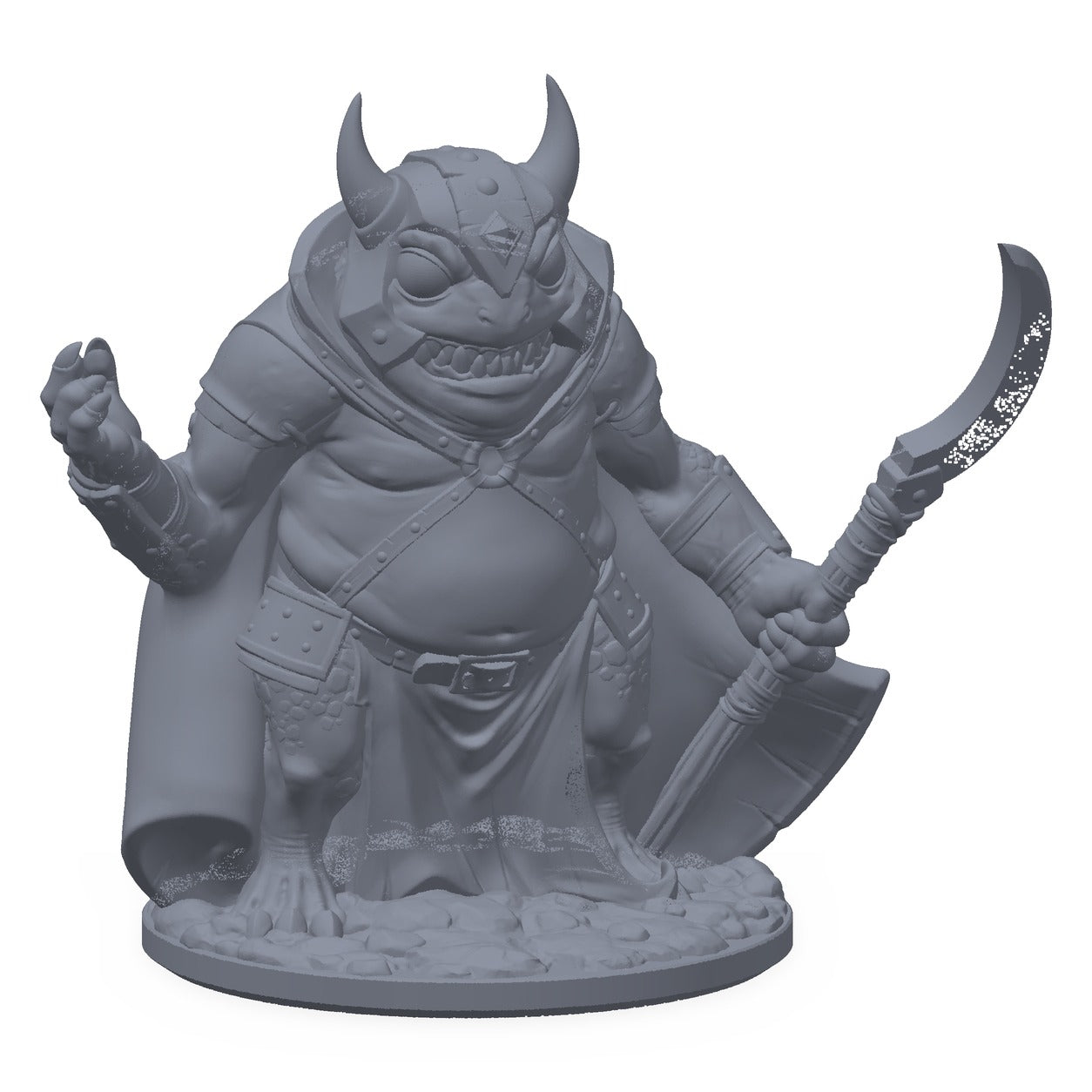 3D-printet froskegardist-miniatyr i grå PLA – froskevakt kommanderende med sigd-stav, til D&D og Pathfinder.