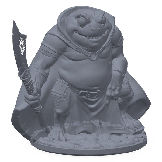 3D-printet froskegardist-miniatyr i grå PLA – froskevakt med hellebard klar til hugg, til D&D og Pathfinder.