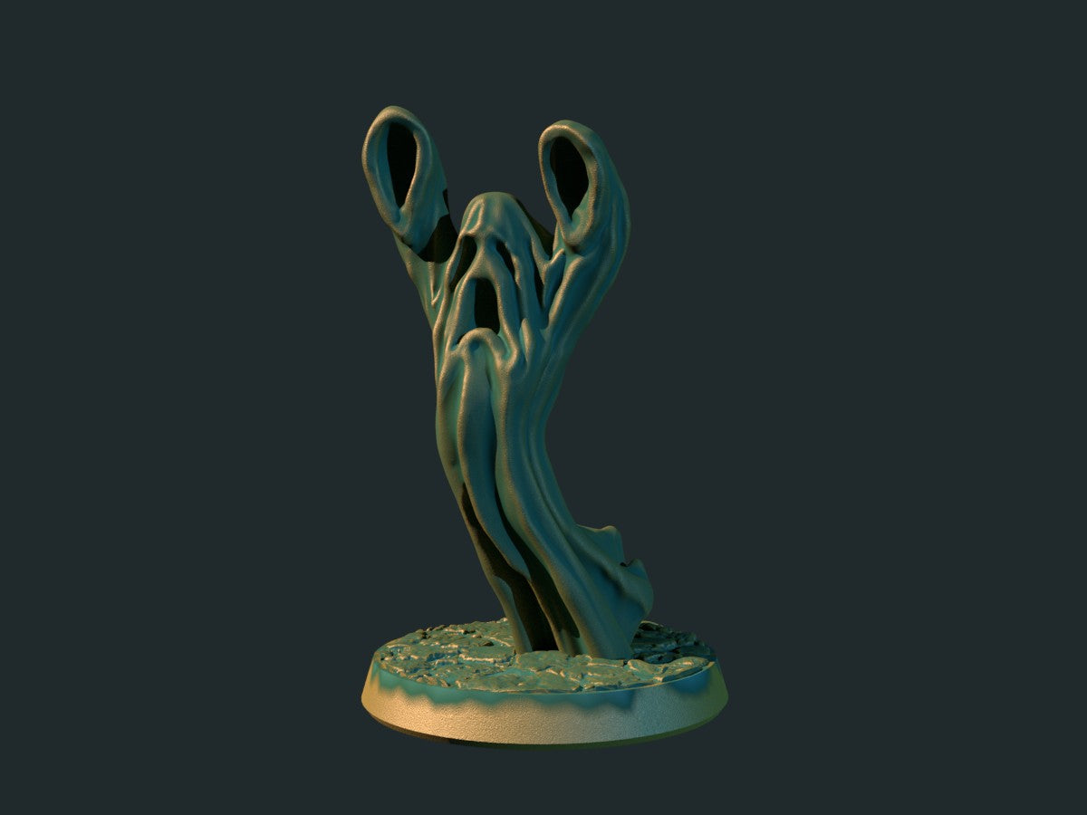 3D-printet klassisk spøkelse, gjennomsiktig svævende vandød skikkelse i grå PLA til D&D og Pathfinder.